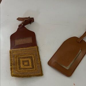 Needlepoint Leather Brown and Yellow Woven Luggage Tag and Dewars vinyl tag.